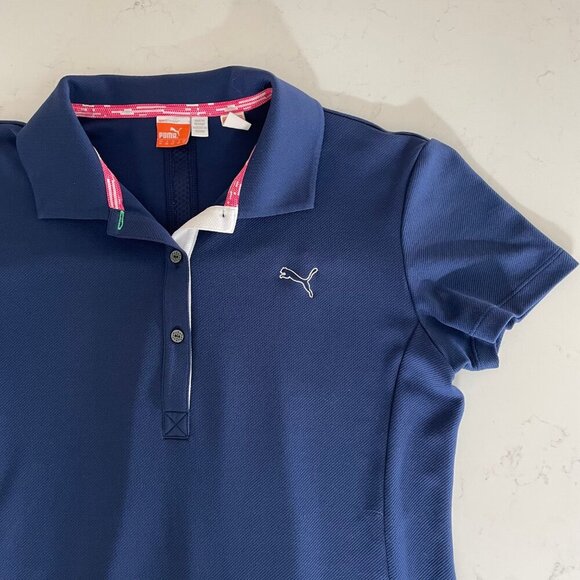 Puma Sport Lifestyle Dry Cell SS 3 Button Poly Polo Shirt Navy + White Accent M - Picture 2 of 12